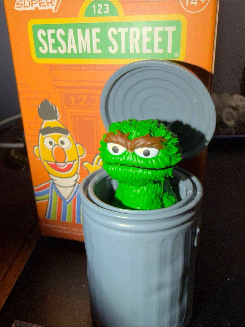 Sesame Street Oscar the Grouch Green Figure with Gray Trash Can